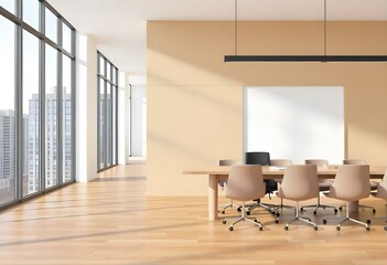 A modern office space with a large conference table surrounded by ergonomic chairs , floor-to-ceiling windows overlooking a bustling city skyline in the background.