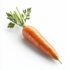 Close up of a Fresh Orange Carrot with Lush Green Leafy Top on White Background