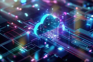 Fototapeta premium Digital Cloud Network with Vibrant Lights and Data Streams