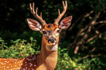 Obraz premium A lone deer grazes in a sun-drenched forest clearing.. Beautiful simple AI generated image