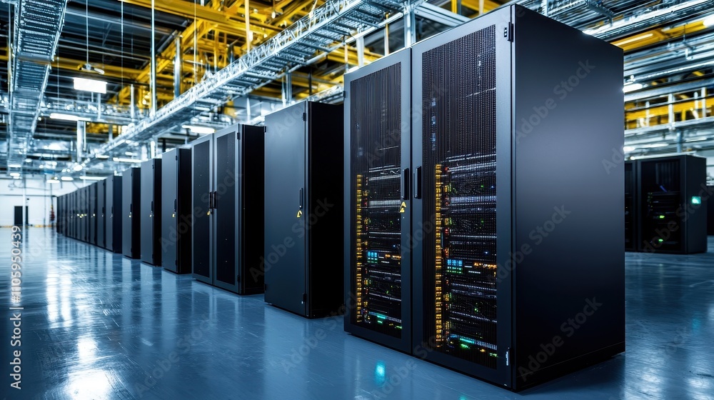 Aufkleber modern data center with rows of black server racks and led lights