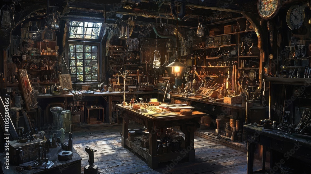 Poster artisan workshop filled with tools and materials in a cozy atmospheric setting