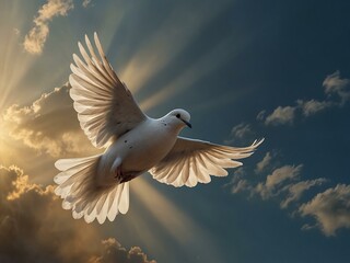 Obraz premium Dove in the sky with light shining down.