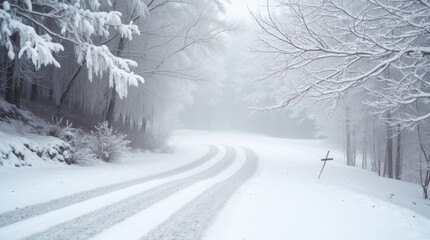 Obraz premium Winding Snowy Road Through a Frosted Winter Forest