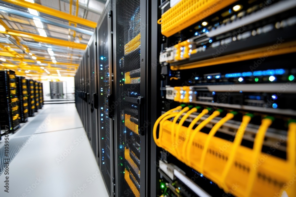 Poster modern data center interior with server racks and networking cables