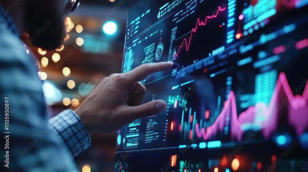 Aufkleber businessman analyzing digital data on touchscreen monitor display