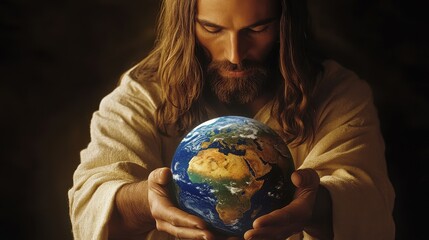 Divine Figure Holding Earth with Gentle Care