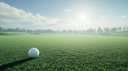 The golf ball is on a green lawn in a beautiful golf course with morning sunshine.