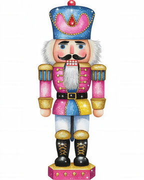 A colorful nutcracker figurine with a traditional design, featuring a blue hat, pink and gold accents, and a cheerful expression, perfect for holiday decor.