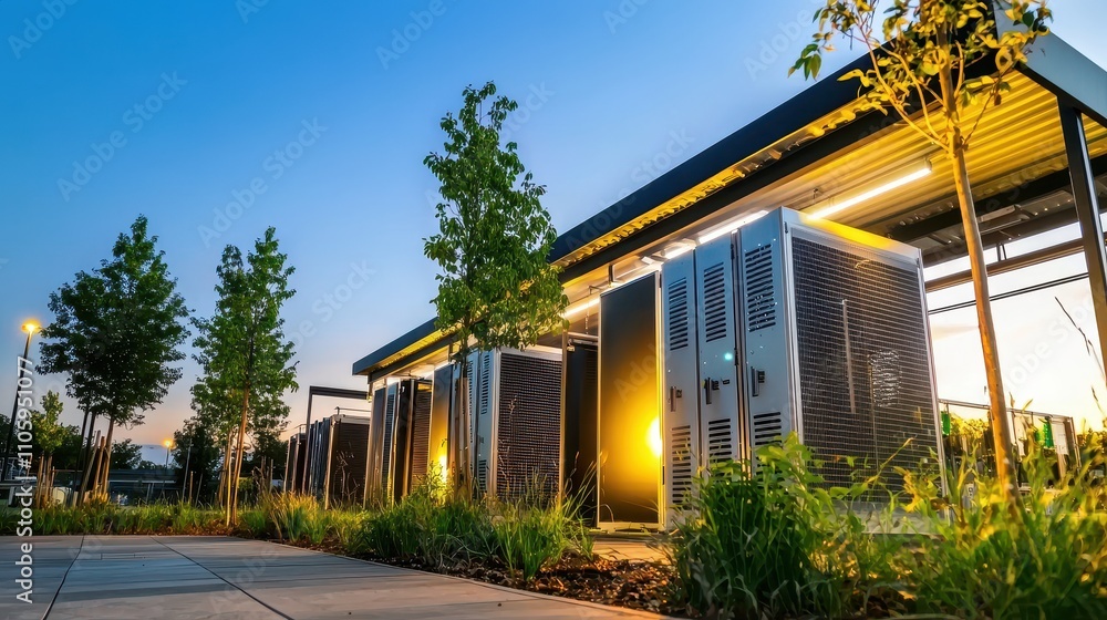 Poster modern data center with server racks surrounded by greenery at dusk