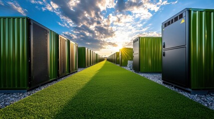 Fototapeta premium Storage Containers Aligned Under Dramatic Cloudy Sky at Sunset