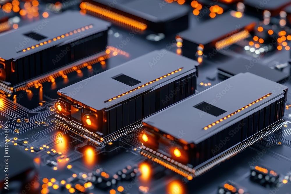 Poster detailed close-up of computer chip circuit board with led lights