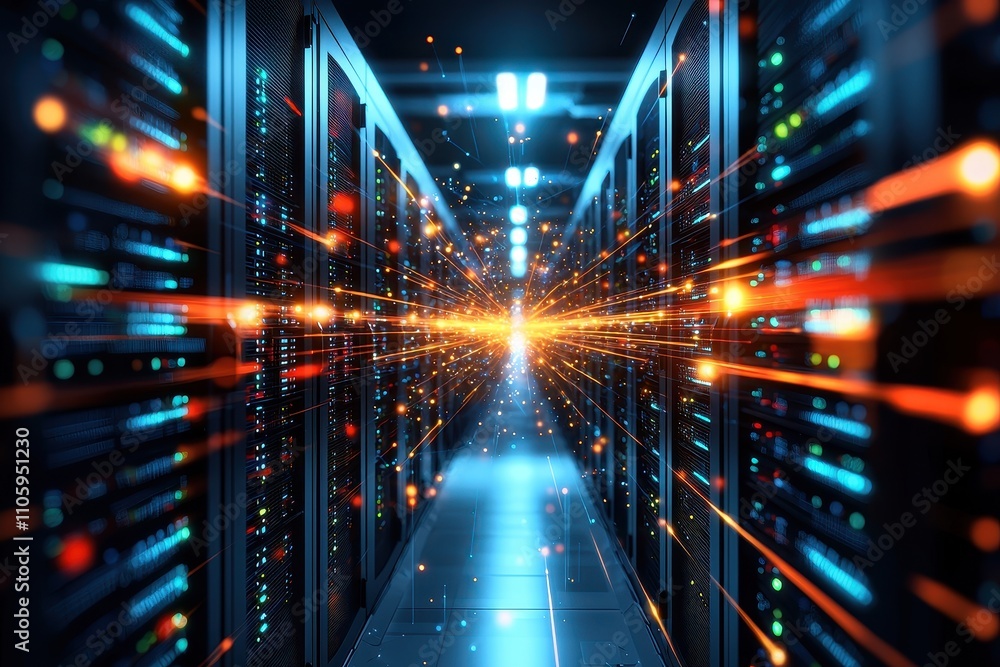 Aufkleber dynamic data flow in modern server room with light effects