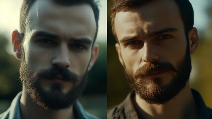 Portrait of a young Caucasian man with a thick beard, gazing intensely at the camera, set against a natural background during golden hour.
