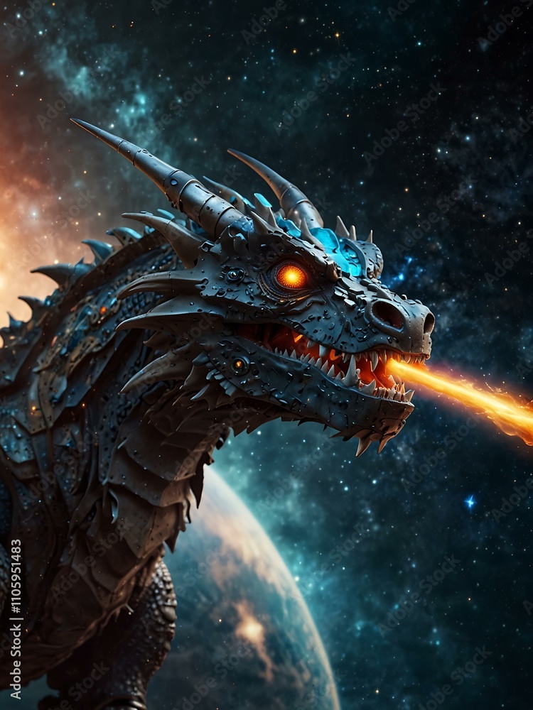 Poster dragon robot ruling the galaxy in outer space.