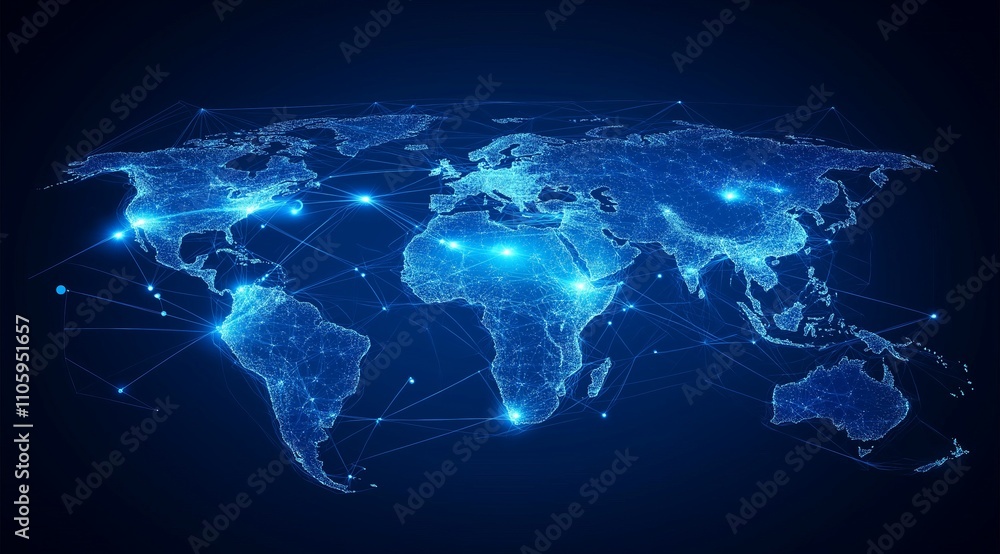 Poster illustration of the globe, surrounded by lines of neural connections and digital data. technological