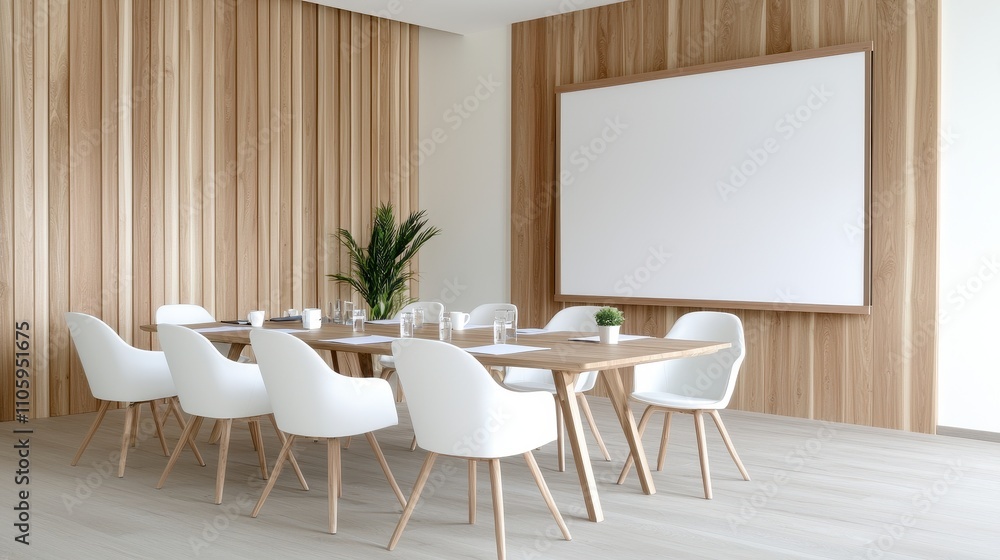 Poster modern conference room with large table and minimalist design elements