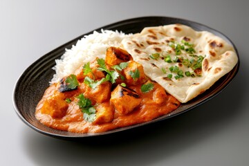 Delicious Indian Cuisine with Butter Chicken, Rice, and Naan Bread