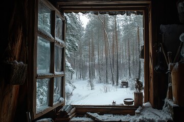 Snowy Winter Forest View From Rustic Cabin Window
