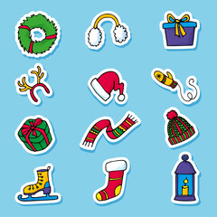 a set of colored New Year stickers on a blue background, hand-drawn in a cartoon style.