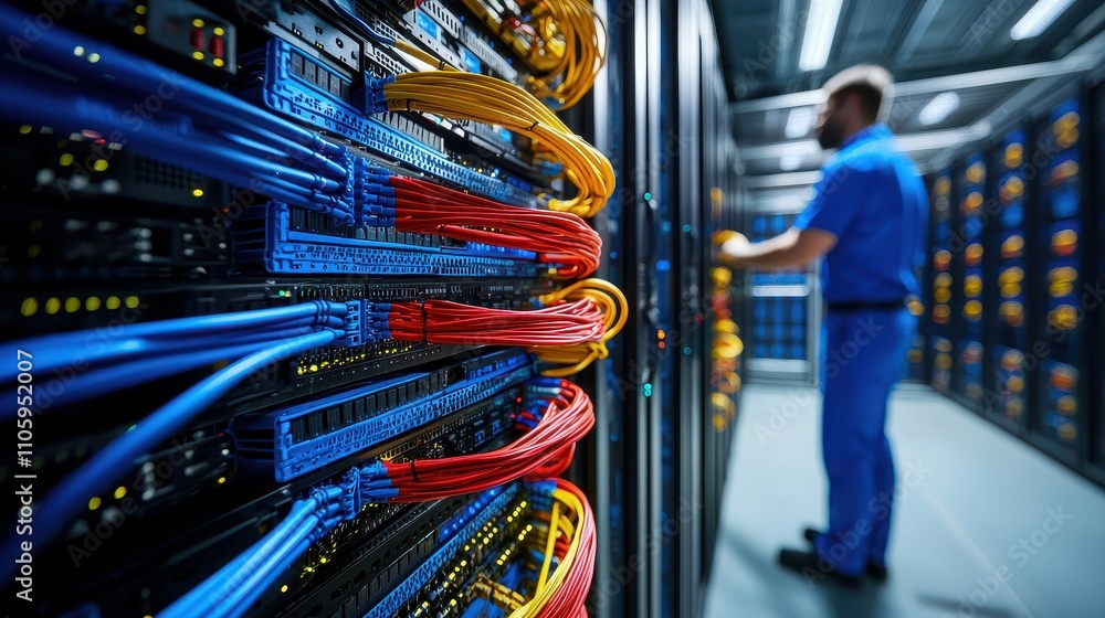 Poster network technician managing server cables in data center environment