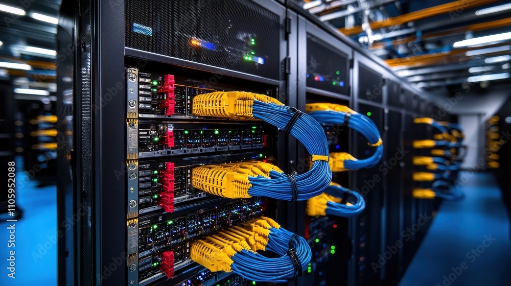 Poster high-tech data center with colorful network cables and servers