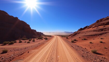 Sunlit desert road journey. Adventure, travel, freedom.