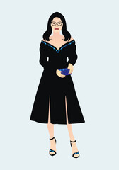 Girl in a black dress with decoration of colored blue precious crystals and a clutch. The dress has slits at the bottom and legs up to the knee are visible. Jboots on heels. Vector flat 