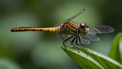 Dragonfly perched on a leaf.