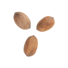 Three whole pecans with their shells intact, isolated on a white background. Ideal for food blogs, healthy snack concepts, and organic lifestyle designs.
