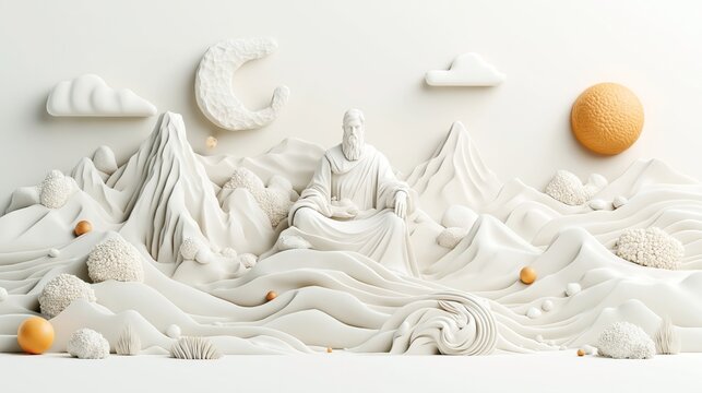 Surreal 3D art scene depicting a serene figure on a mountain amidst flowing waves with abstract clouds and planetary shapes in a monochromatic color scheme