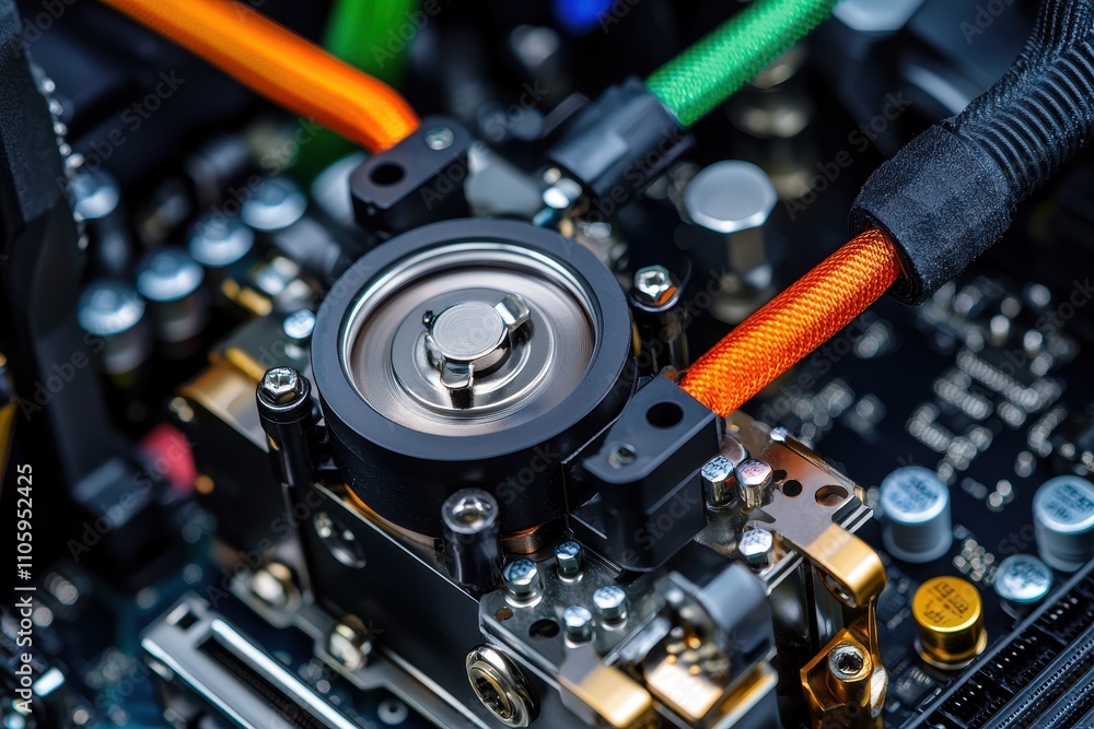 Poster close-up of computer cooling system with colorful tubes and hardware