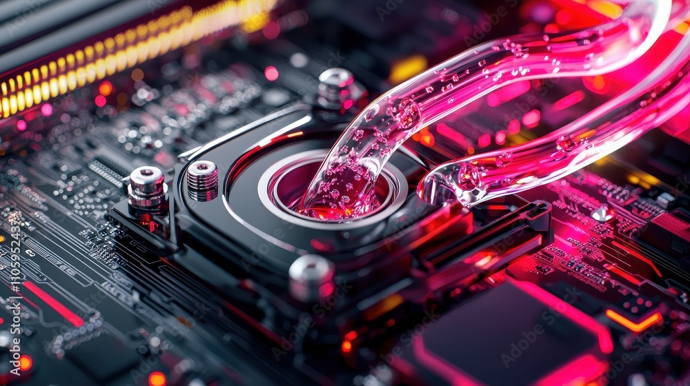 Poster close-up of rgb liquid cooling system on computer circuit board