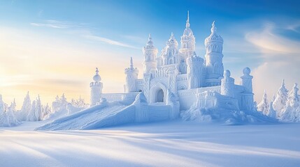 Intricate snow sculpture of a castle with towers and arches, dusted with fresh snow under a clear winter sky
