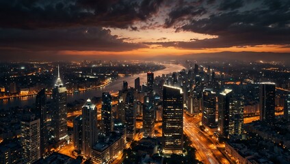Fototapeta premium Dramatic cityscape at sunset with night lights.
