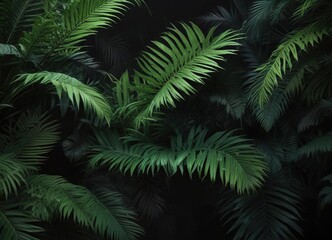 Vivid green palm leaves on dark background in a garden, jungle, garden, green