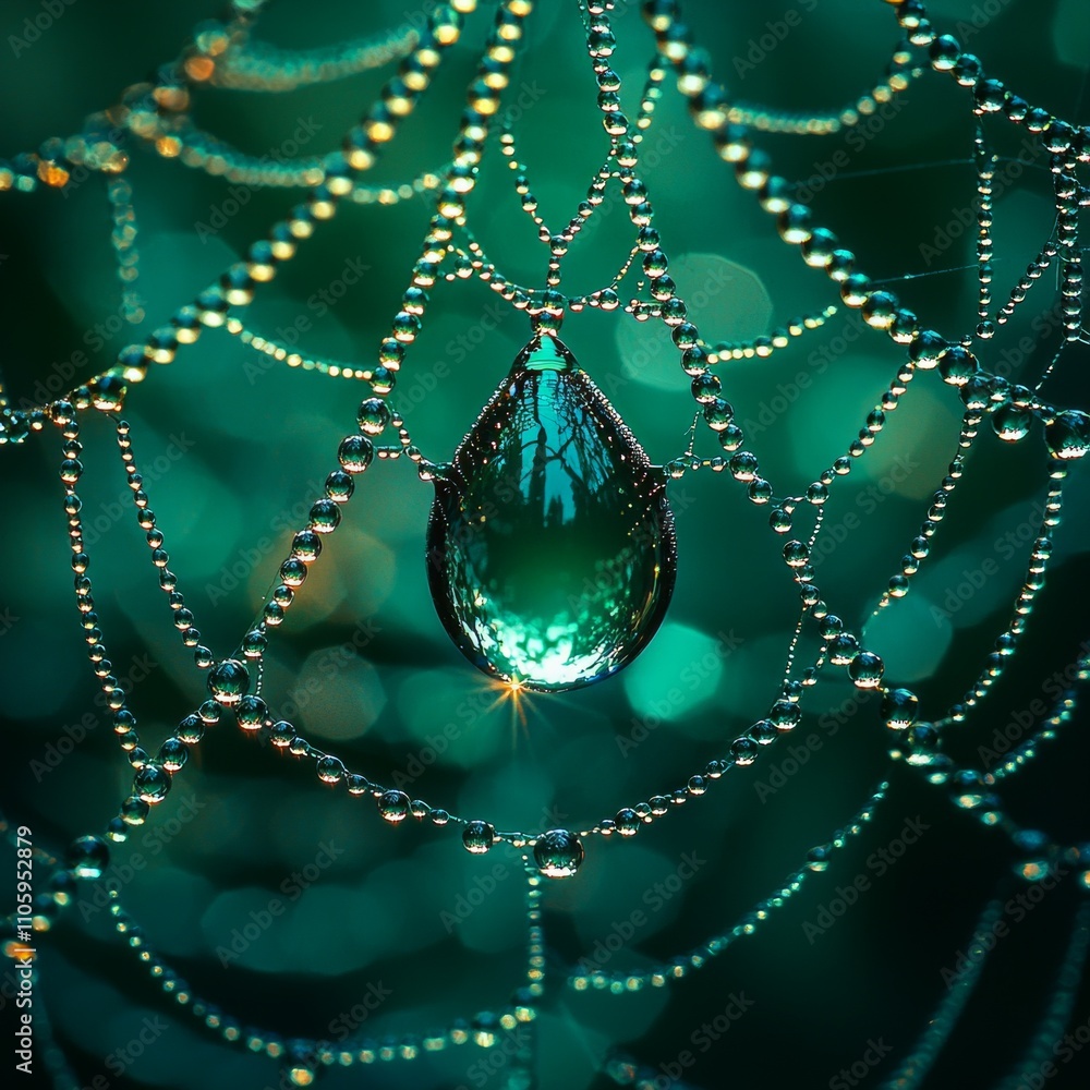 Poster macro capture highlights lone dewdrop clinging spiderweb showcasing fine strands and ethereal clarit
