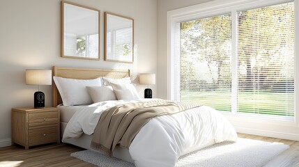 Fototapeta premium Bright and Cozy Bedroom with Modern Décor and Natural Light from Windows