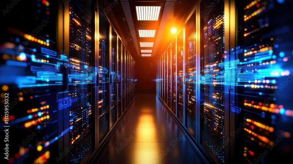 Poster data center with high-tech server racks and digital connections