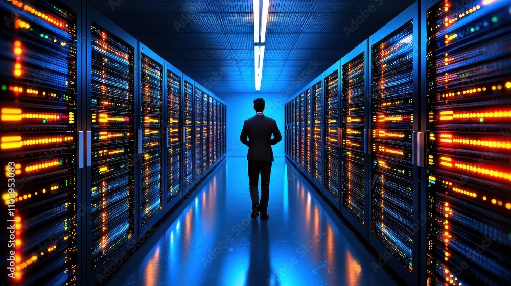 Poster man in suit walking through modern data center with colorful lights
