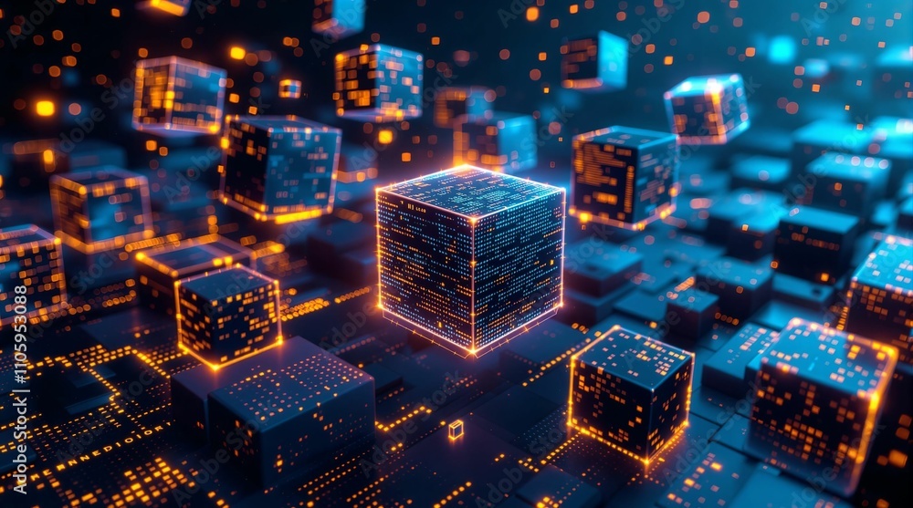 Poster Digital data blocks and circuits glowing in vibrant colors