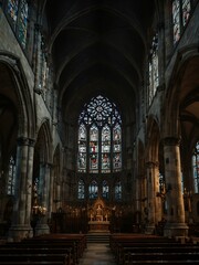 Dramatic Gothic cathedral interior with pointed arches and stained glass.