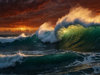 Dramatic ocean waves crashing under a fiery sunset.