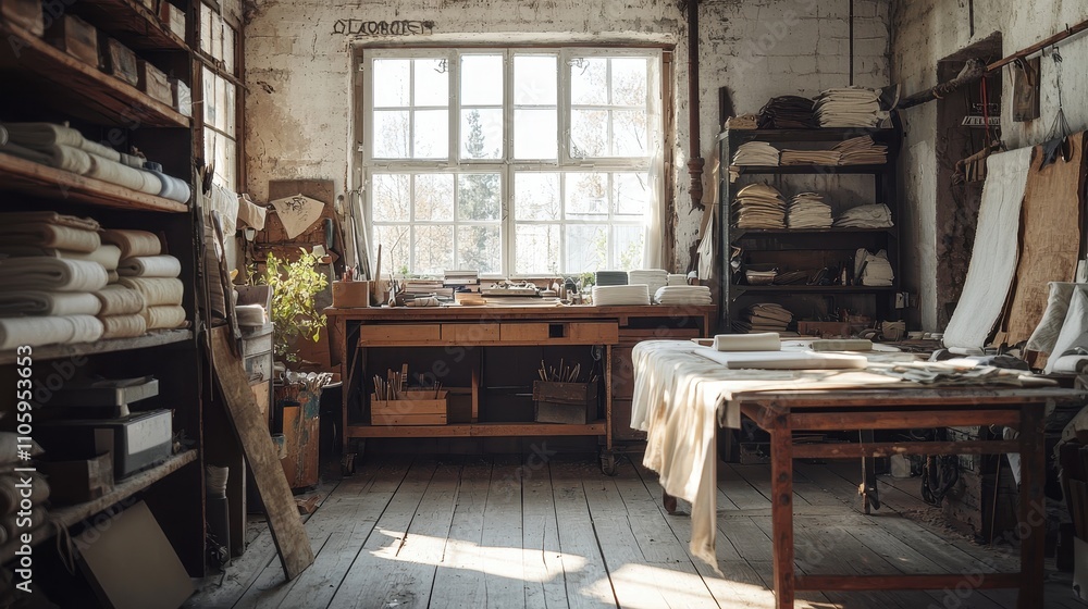 Poster rustic handmade workspace filled with authentic materials and crafting tools in natural light