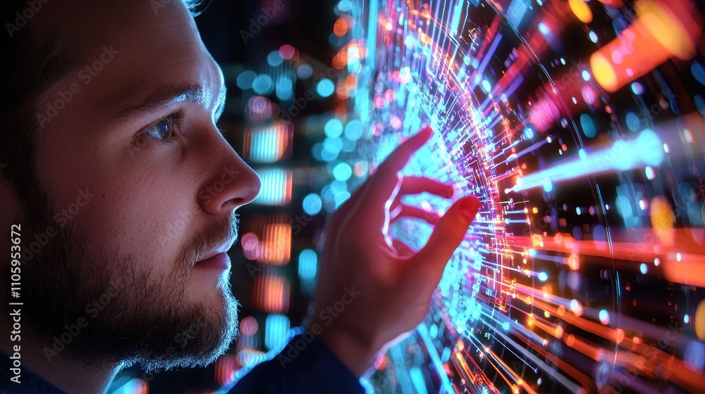 Aufkleber person interacting with colorful digital data visualization concept