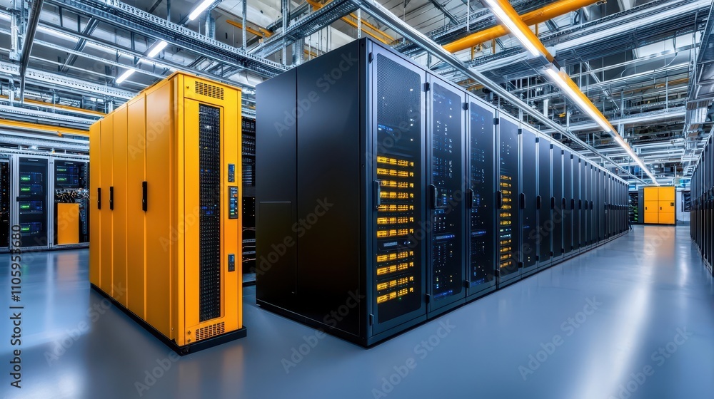 Poster modern data center interior with rows of server racks and technology