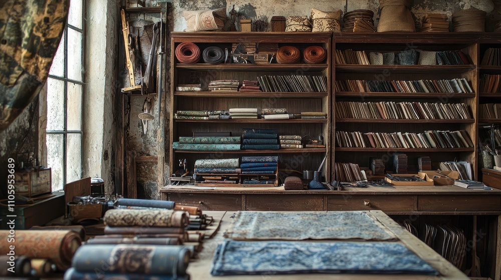 Poster rustic handmade workspace filled with authentic materials and tools for creative projects