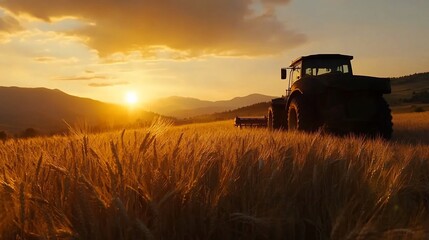 Fototapeta premium Silhouette of tractor in golden wheat field at sunset.