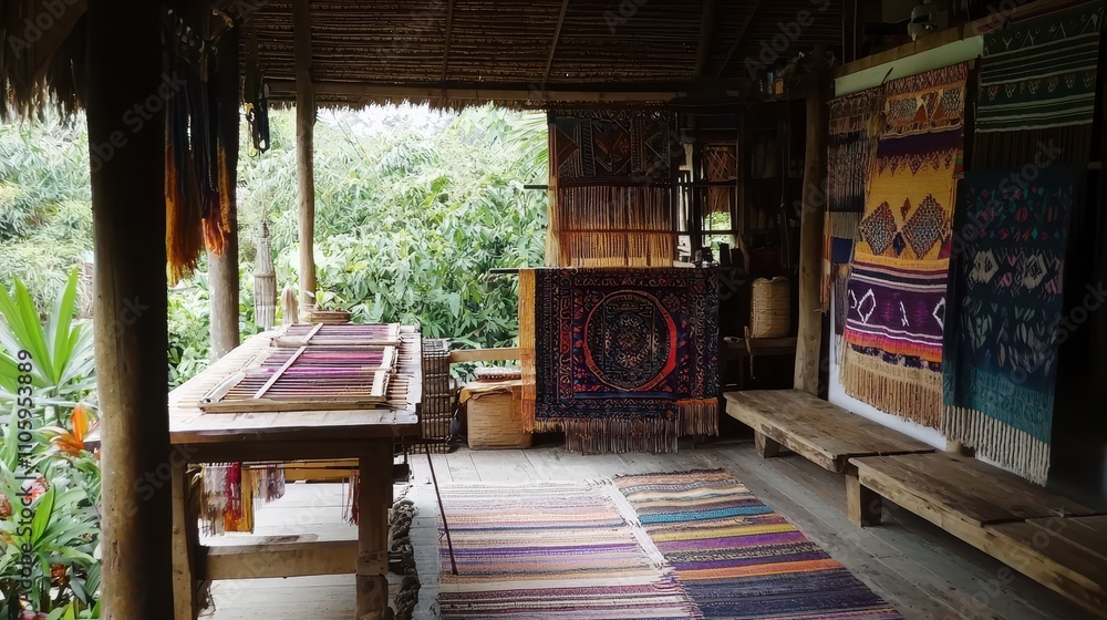 Poster serene handmade fabric weaving setting with artisan crafts and colorful textiles displayed