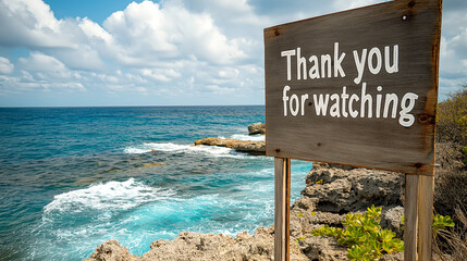 A serene coastal scene featuring a sign that says Thank you for watching, set against a backdrop of blue water and rocky shoreline, inviting reflection and appreciation.
